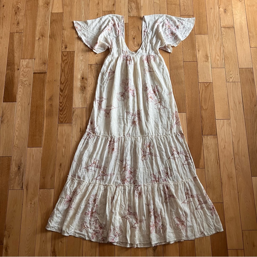 Billabong Seas the Day Ivory Floral Maxi V Neck Flutter Sleeve Tiered Dress Med - Picture 2 of 11